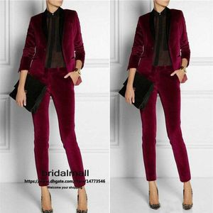 Burgundowe Velvet Women Kobiety Panties Suit 2 sztuki Mother of the Bride Suits Formal Business Damskie Biuro Biura Sukienka na wesele J3258