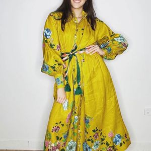 Avustralyalı Tasarımcı Elbise Yeni Kadın Tasarımcı Giyim Keten Sarı Bitki Baskı Dantel Yukarı Uzun Kollu Tatil Tarzı Elbise Kadınlar İçin
