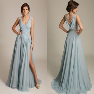Gorgoues Dusty Blue Evening Dresses V Neck Sleeveless Appliques Chiffon Draped Back High Split Sexy Formal Evening Gowns Sweep Tra2247