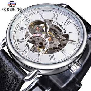 Forsining Orologio in argento bianco Orologio traforato Orologio meccanico da uomo di moda maschile Top Brand di lusso in vera pelle nera Wate263R