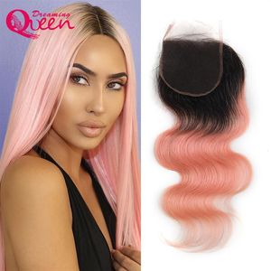 1B Pink Body Wave Lace Closure Ombre Brazilian Human Hair Pink 4x4 Closures Virgin Human Hair Dreaming Queen Hair242i