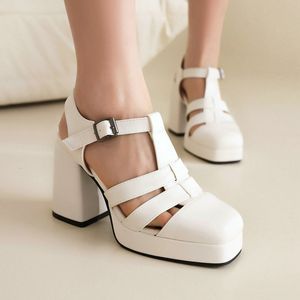 Sandals Western European Fashion Girls T-strap Mary Janes Pumps Summer Women Shoes Hallow Cutout Platform Chunky High Heels Sandals 230719