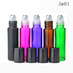 Grün, Bernstein, Lila, Rot, Schwarz, 10 ml, dicke Glasrollerflaschen mit Metallkugelumlaufspindel, schwarze Deckel für 10 ml ätherisches Öl, Augenmassage, 600 Stück Sctm