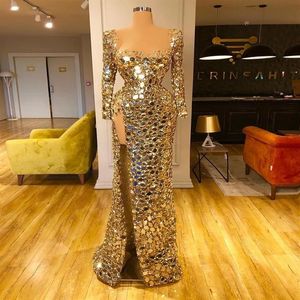 ゴールドセクシーなマーメイドイブニングドレス2021ハイスプリットスパンコールパーティーガウンカスタムメイドプラスサイズのプロムページェントウェアベスティドデフィエスタ251t