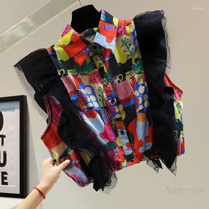 Women's Blouses Mesh Patchwork Ruffled Tight Waist Sleeveless Shirt 2023 Summer High Short Retro Printed Blouse Loose Street Top