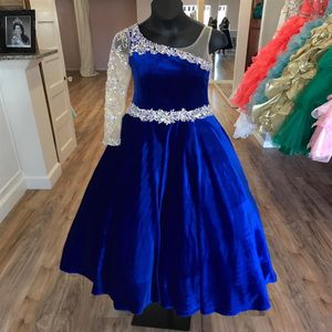 Royal Blue Velvet Girl Pageant Dress 2023 Ballgown One-Sleeve Long Tiny Young Miss Pageant Gown Little Kids Infant Toddler Teen Cr306q
