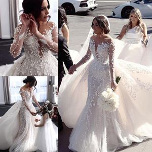 2021 Splendidi abiti da sposa Maniche lunghe Appliques Pizzo Abiti da sposa a sirena Overskirt Treno staccabile Abito da sposa di design R274F