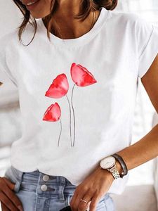 T-shirt superiore da donna con motivo a stampa di fiori di piante colorate Nuova t-shirt a maniche corte