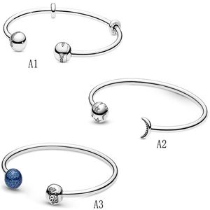 Äkta S925 Sterling Silver Fit Pandora Silver Blue Earth Open Armband Star Moon Open Armband Pärla Kärlek Heart Blue Crysta Charm305B