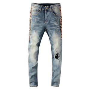 Männer Streetwear Skinny Jeans Männer der Seite Leopard Print Patchwork Löcher Zerrissene Jeans Dünne Dünne Stretch Denim Pants231B