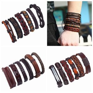 6 st/set läder flätat armband för män diy handgjorda armband armband hampsladdar träpärlor etnisk stamstil lager