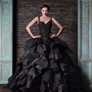 2020 New Arabic Black Ball Gown Wedding Dresses Spaghetti Straps Lace Appliques Sleeveless Open Back Organza Tiered Formal Bridal 232x
