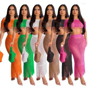 Sukienki robocze dzianina plaża Tassel Dwuczęściowe spódnice Zestawy Kobiety Sexy Hollow Off Off z ramień Top Bodycon Maxi Spódnica Sukni wakacyjne garnitury