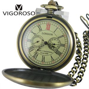 Pocket Watches Luxury Two Sub-dials Mechanical Pocket Watch Hand Winding Bronze Alloy Skeleton Back FOB Chain Vintage Retro Roman Numeral Clock 230719