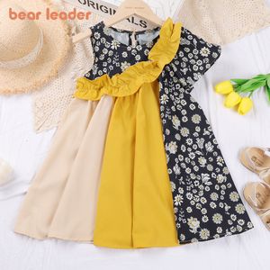 Orso Leader Coreano Bambini Estate Ragazze Moda Color Blocking Abiti Bambini Bordo dell'orecchio in legno Abito floreale Abbigliamento per ragazze