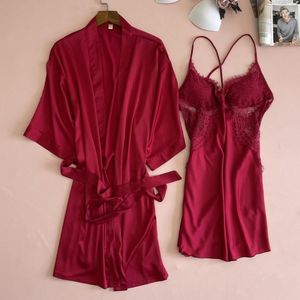Women's Sleepwear Burgundy 2PCS Women Satin Robe Set Silky Nighty&Robe Summer Sleep Female Casual Nightgown Home Clothing