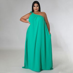 Plusstorlekar Wuhe One Shoulder Women Rygglösa Hög midja Big Swing Floor Längd Maxi Dress 2023 Summer Beach Boho Holiday