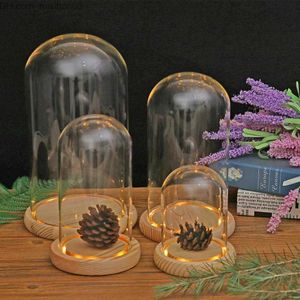 Vases Clear Glass Display Dome with LED Wood Base Microlandscape Miniature Dollhouse DIY Holder Flower Preservation Vase Holder 210409 Z230720
