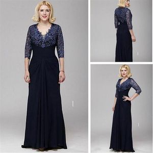 Borrhöljet V-ringning A-Line spets och Chiffon Mother of the Bride Dress 3 4 Sleeve Floor Length Mother's Dresses282k