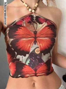 Женские танки Halter Butterfly Print Crop Top Camisole Y2K Женщины Vinatge Print Print Vest Roomeveless Укороченная модная танк