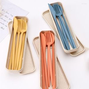 Dinnerware Sets 0209Chopsticks Spoon Fork Knife Wheat Straw Cutlery Set4PCS With Box Portable Travel Lunch Tableware Students Kitchen