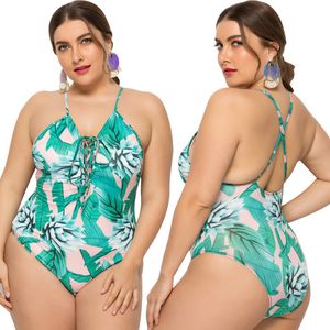 Fat Female One Piece Large Plus Size Fat Badkläder hängande nackband Öppen ryggrem tryckt badkläder