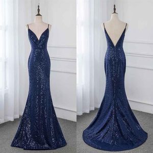 Sexy Navy Bridesmaid Dresses Deep V neck With Straps Backless Sparkly Sequin Mermaid Cheap Wedding Guest Party Prom Formal Dress C324p