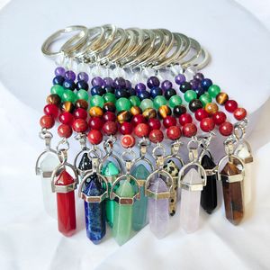 Natural Stone 7 Chakra Beads Hexagon Prism Key Rings Chains Keychains Healing Crystal Keyrings for Women Men