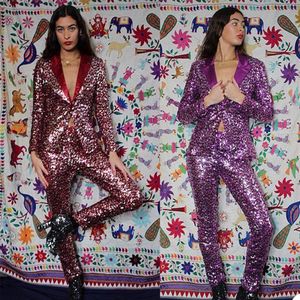 Purple Sequined Mother of the Bride Pants Suit Women Ladies Glitter Evening Party Tuxedos Formal Work Wear For Wedding 2 pcs304L