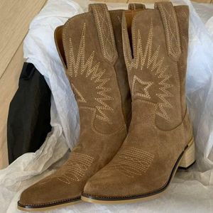 Botlar vintage işlemeli şövalye botları sonbahar kadın batı kovboy botları sivri artı boyutu tıknaz topuk yürüyüş ayakkabıları botas feminas 230719