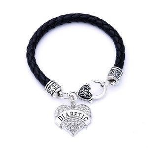 DIABETIC Awareness Alert Crystal Heart Silver Charm With 7 5 Leather Chain Lobster Claw Bracelet333Z