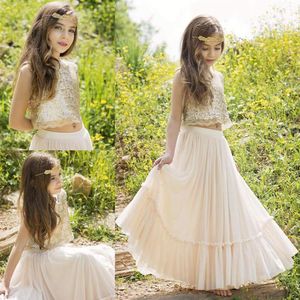 Champagne Lantejoulas Duas Peças Vestidos Das Meninas Para O Casamento Evasê Júnior Vestido Da Dama De Honra Até O Chão Chiffon Primeira Comunhão300U