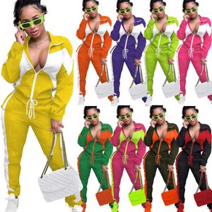 Kvinnors Vintertrattläder Kläder Lång ärm Tracksuits Patchwork Outfits Zipper Jacket Pants Two Piece Set Sportwear