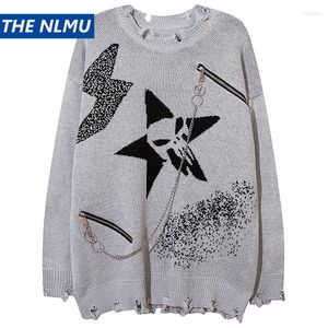 Suéteres Masculinos Homens Suéter de Malha Punk Gótico Crânio Estrela Estampado Jumper Rasgado Harajuku Pulôveres Grandes Hip Hop Streetwear