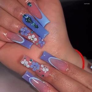 Unhas postiças 24 pçs wearable bailarina falsa com cola azul strass quadrado caixão moda imprensa em dicas de unhas para mulheres