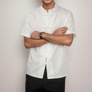 Camisas casuais masculinas de linho de algodão masculinas streetwear camisa de colarinho mandarim com mangas curtas ajuste solto roupas chinesas tradicional cardigã