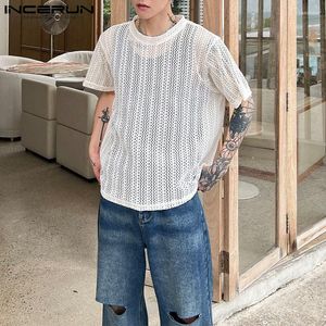 Men's T Shirts INCERUN Tops 2023 Korean Style Men O-Neck Pullover Hollow Short Sleeve T-shirts Casual Streetwear Breathable Mesh Camiseta