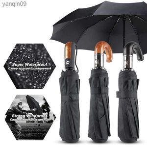 Guarda-chuva grande automático resistente ao vento guarda-chuva feminino couro alça de madeira negócios estilo britânico guarda-chuva presente masculino guarda-chuva 3 dobras