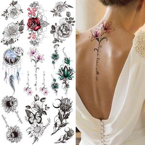 Lily Chains Flower Temporary Tattoos For Women Girl Black Butterfly Dream Catcher Tattoo Sticker Fake Rose Sexy Tatoos Back Body Y239a