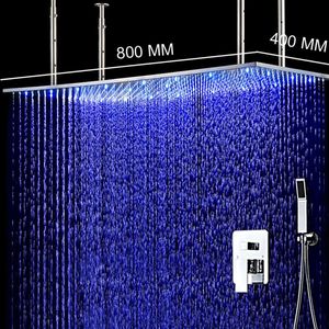 Große Größe 400 800 mm gebürsteter LED-Regenduschkopf 304 Edelstahl rechteckiges Deckenduschset Kaltmessing chrom271G