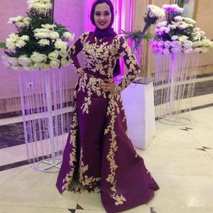 Bourgogne Muslim Satin Evening Dresses Prom Applices Löstagbara tåg Arabiska Vestidos de Fiesta de Noche Robe de Soiree Plus Size2763