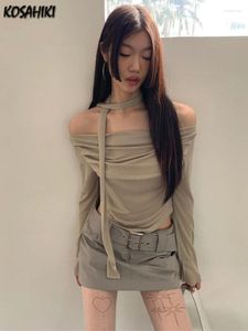 Work Dresses Y2k Aesthetic Fashion Two Piece Set Elegant Style Slash Neck Pleated Solid Shirt Mini Skirt Streetwear 2 Suits