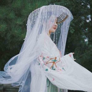 Chińska starożytna czapka vintage Women Hanfu Hat z frędzlami kryształowa twarz pokrywa cosplay propon hanfu wiadra czapki białe dla kobiet f1210206H