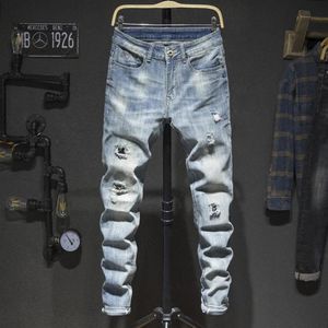 Mens Jeans Holes Frayed Hiphop Ripped Light Blue Stretch Slim Leg Streetwear Ejressed Moto Biker Jeans Male Denim Pants3049