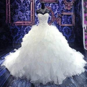 Luxury Beaded Embroidery Bridal Gowns Princess Gown Sweetheart Corset Organza Ruffles Cathedral Ball Gown Wedding Dresses Cheap288r