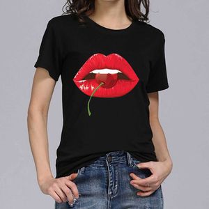 トレンディな女性の丸いネックTシャツルーズ短い袖のトレンド商品チェリーリッププリント