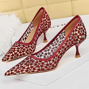 صندل Bigtree Shoes Mesh Cutout Lace Pumps Hitten Heels Sexy Banquet Shoes Stiletto Fashion Ladies Heels Plus 43 Sandals L230720