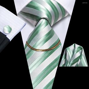 Bow Ties 2023 Green Striped Luxury Silk Men Tie Fashion Necktie Chain Hanky Cufflink Gift For Wedding Hi-Tie Designer Wholesale