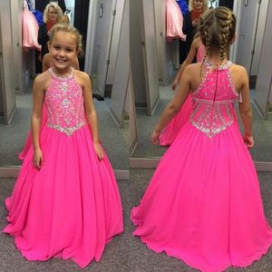 2023 New Fucsia Little Girls Pageant Abiti Cristalli in rilievo Una linea Halter Neck Bambini Toddler Flower Prom Abiti da festa per matrimoni2029