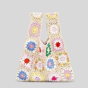 Bohemian Crochet Flower Plaid Women Handbags Handmade Woven Small Tote Purses Casual Summer Beach Bag Braid Bali Sac